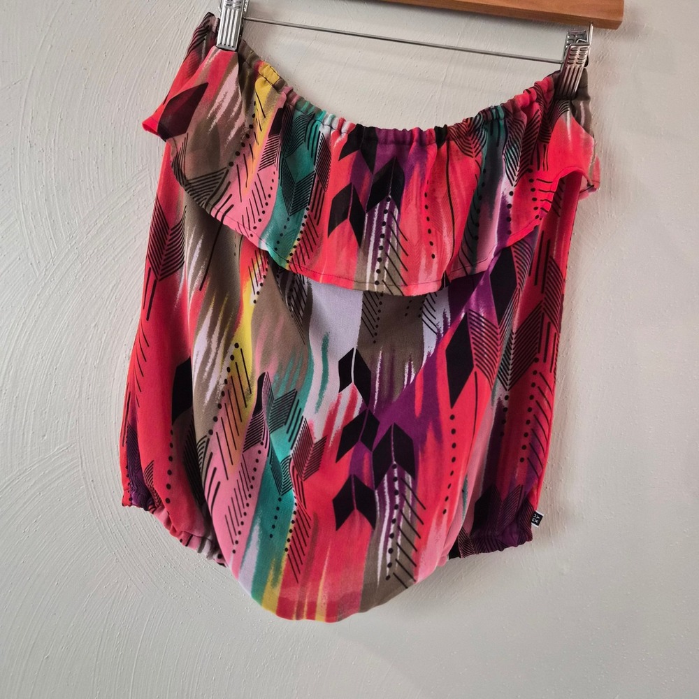 Roxy Women Multi-Color Tribal Chevron Ruffle Strapless Tube Top M Boho Chic Y2K